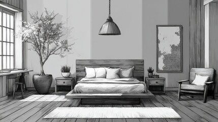 Stylish hand drawn bedroom interior concept featuring a modern design with natural elements and elegant furnishings