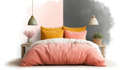 Creative hand drawn bedroom interior concepts featuring modern bedding and stylish decor with a contemporary color palette