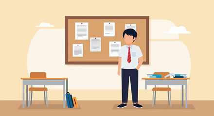 Fototapeta premium Student Standing In Classroom Studying Exam Result And Preparation With Books