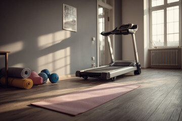 modern home gym setup showcasing variety of fitness equipment including treadmill exercise bike and weights