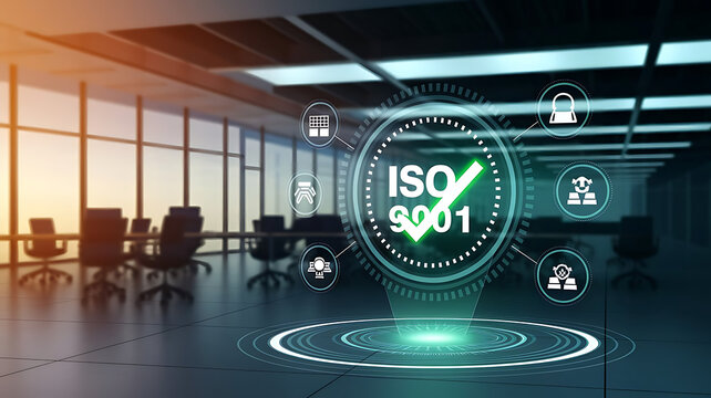 Businessman interacting with transparent digital screen displaying ISO 9001 Quality Management System, ISO 9001 certified businesses, ISO certification, quality management system, ISo9001