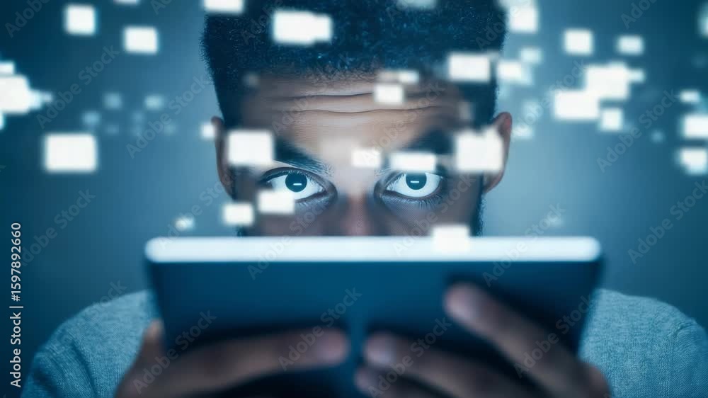 Aufkleber digital white squares are raining over a focused black programmer working on a tablet, symbolizing t