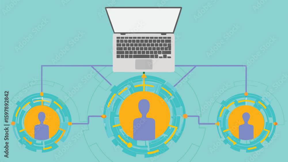 Poster laptop connecting to three people via digital interface in a network environment scene