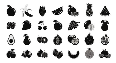 Collection of distinct monochrome fruit icons offers a varied selection of fresh produce in silhouette