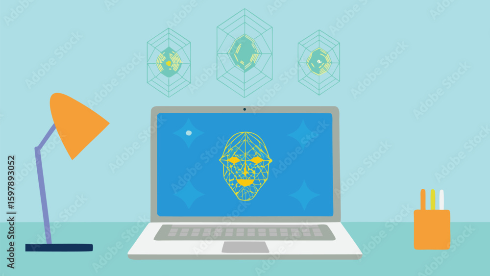 Poster Laptop displaying a geometric face with desk lamp and floating geometric shapes above the screen