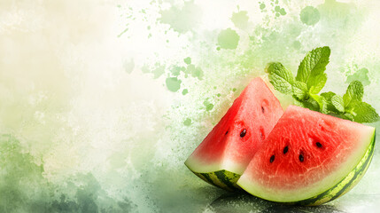 Juicy watermelon slices adorned with fresh mint leaves against a vibrant watercolor splattered background ideal for summer food concepts