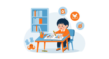 Young Artist At Work Drawing Cartoon Characters With Crayon At Home