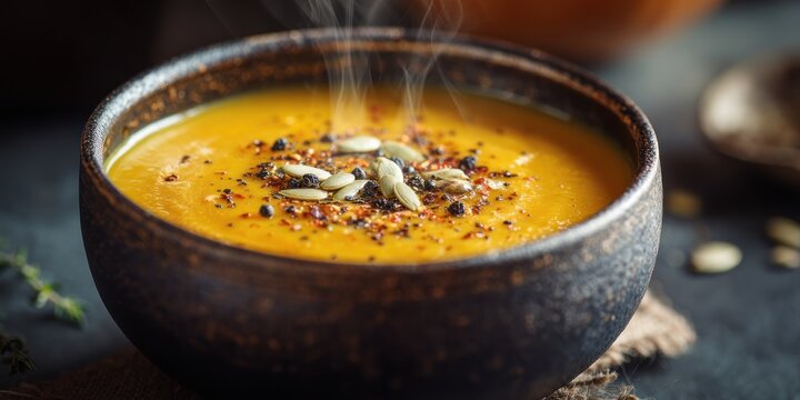 Steaming bowl of pumpkin soup, a vibrant autumn dish, is garnished with pumpkin seeds and spices, offering a warm and comforting culinary experience for food enthusiasts.
