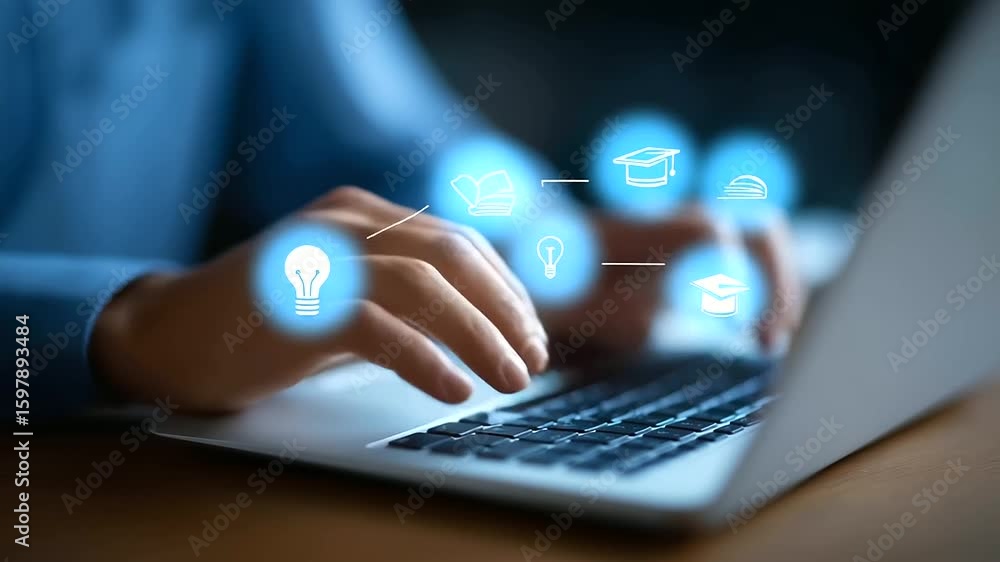 Poster interactive e-learning platform displayed on a laptop with various educational icons.