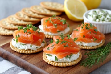 Delicious smoked salmon appetizers with cream cheese and thyme on crackers