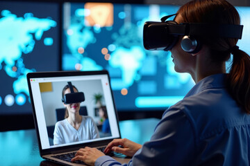 Person wearing a virtual reality headset attending a webinar with a laptop displaying a video conference call in the background