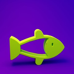 Green Fish icon isolated on purple-blue background. Minimalism concept. 3D render illustration