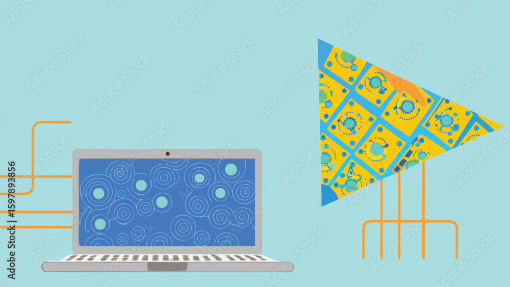 Poster laptop displaying swirling patterns next to a triangular patterned structure on a light blue backgro