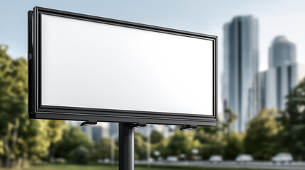 Obraz premium Large blank white billboard installed on a metallic frame structure in an urban street setting, with modern city buildings and natural sunlight illuminating the clean display for advertising mockups.