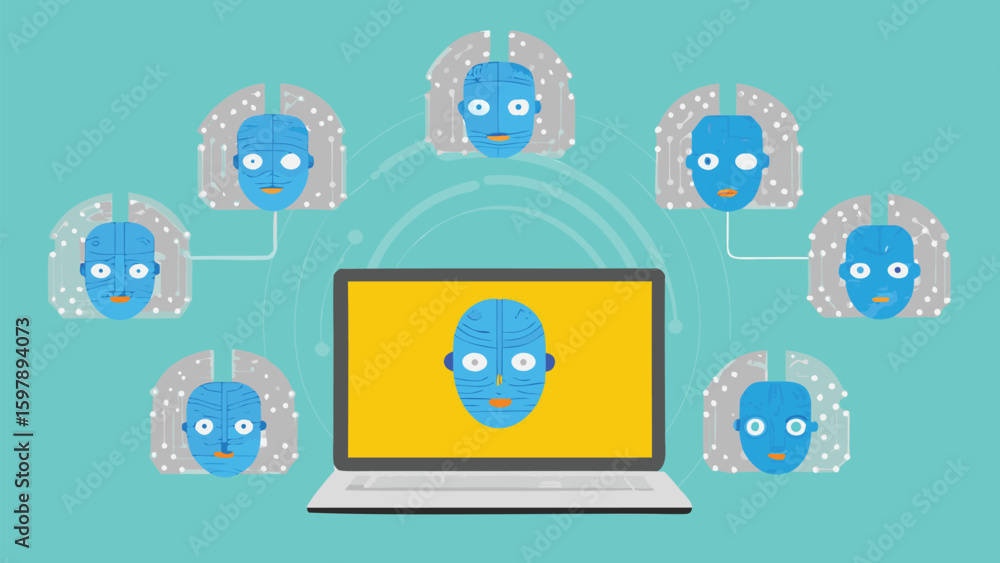 Poster illustration of a laptop connected to multiple ai faces in a network configuration setup online