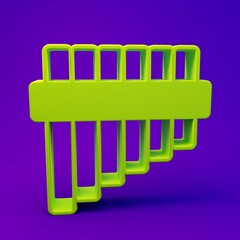 Green Pan flute icon isolated on purple-blue background. Traditional peruvian musical instrument. Folk instrument from Peru, Bolivia and Mexico. Minimalism concept. 3D render illustration