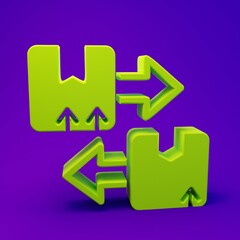 Green Cardboard box with traffic symbol icon isolated on purple-blue background. Box, package, parcel sign. Delivery, transportation and shipping. Minimalism concept. 3D render illustration