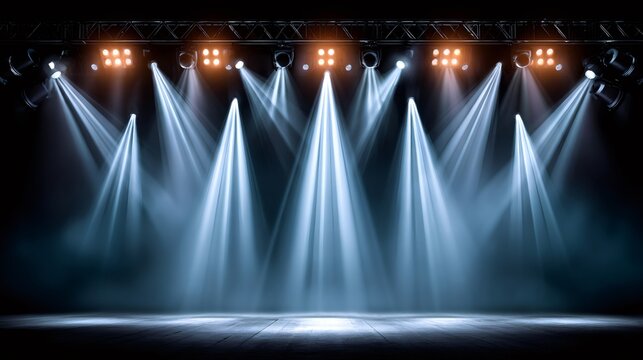 Bright stage lights illuminating empty wooden stage in dark interior