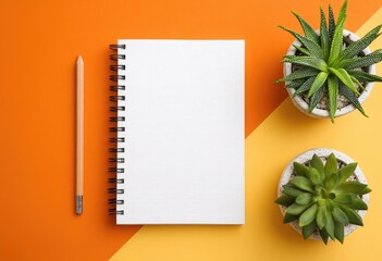 Blank spiral-bound notebook, pencil, and succulents on a bi-color background