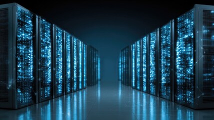 Row of illuminated server racks in a data center.