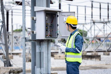 Engineer is working at high voltage substation performing inspection and check on power...