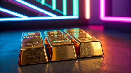 Gold bar stack concept ,Luxurious gold bars elegantly arranged, reflecting neon illumination, showcasing wealth and opulence - Powered by Adobe