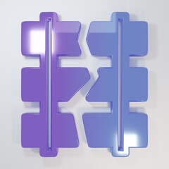 Purple-blue Broken or cracked rails on a railway icon isolated on grey background. Minimalism concept. 3D render illustration