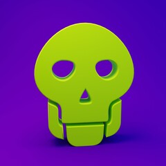 Green Skull icon isolated on purple-blue background. Happy Halloween party. Minimalism concept. 3D render illustration