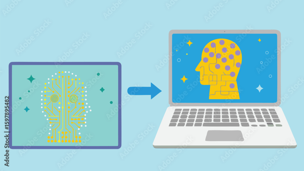 Aufkleber artificial intelligence concept showing transfer from circuit board to laptop screen image of brain