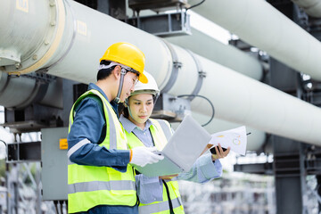 Engineer is working at high voltage power substation conducting inspection and check of...