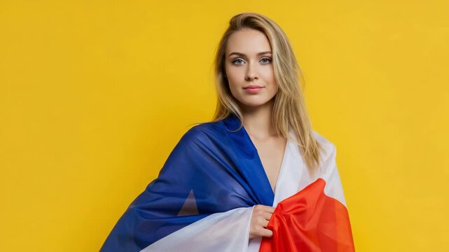 Beautiful patriotic young Caucasian woman holding the flag of France. Blonde female model posing against a solid yellow studio background with copy space.