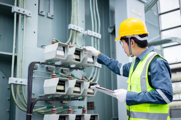 Engineer is working at high voltage power substation performing inspection and check on electrical...