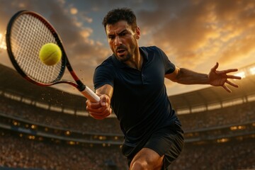 Dramatic clay court rally with sliding tennis male player under sunset sky and stadium lights. Concept of focus, strength, determination, speed, competitive spirit, pro-level tennis match action.