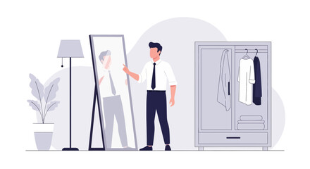 Young Man Checking His Appearance Before Going To Work At Home