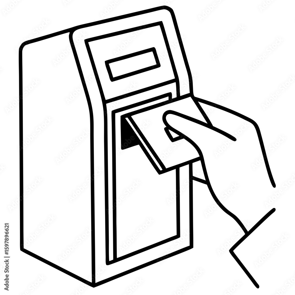 Poster hand inserting a card into an atm illustration showcasing banking and technology in a simple line ar