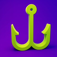 Green Fishing hook icon isolated on purple-blue background. Fishing tackle. Minimalism concept. 3D...