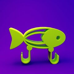 Green Fishing lure icon isolated on purple-blue background. Fishing tackle. Minimalism concept. 3D render illustration