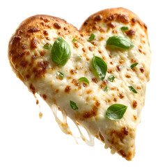 A heart-shaped pizza slice hovering at an angle, mozzarella pulling slightly with fresh basil leaves  