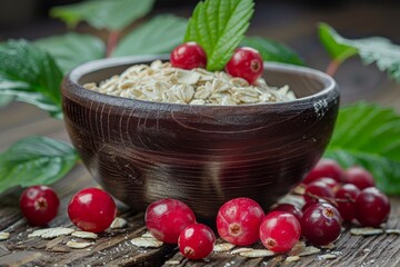 Wholesome breakfast recipe with oat flakes and fresh cranberries on rustic wood background