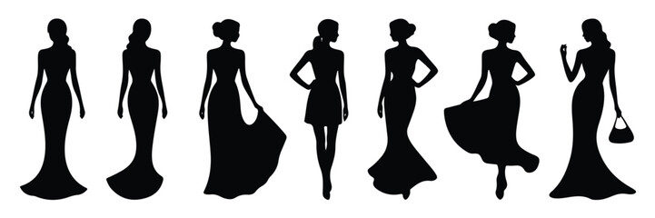 Woman women female silhouettes silhouette vector business shopping dress fashion art people beauty style lady girls model person body hair dancing party dance gowns dresses elegant banner icon infogra