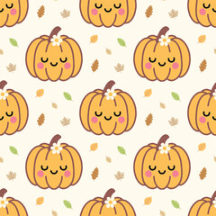Adorable seamless vector pattern with happy pumpkins and autumn leaves. Great for kids crafts, wallpapers, wrapping paper, and textiles.