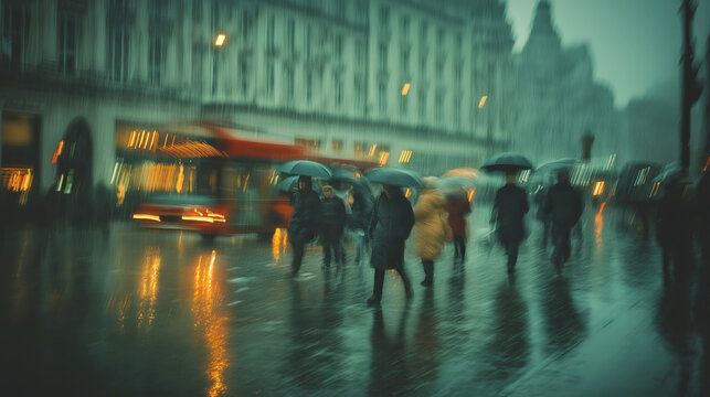 Blurred City Street Scene with Umbrellas and Red Bus on a Rainy Evening