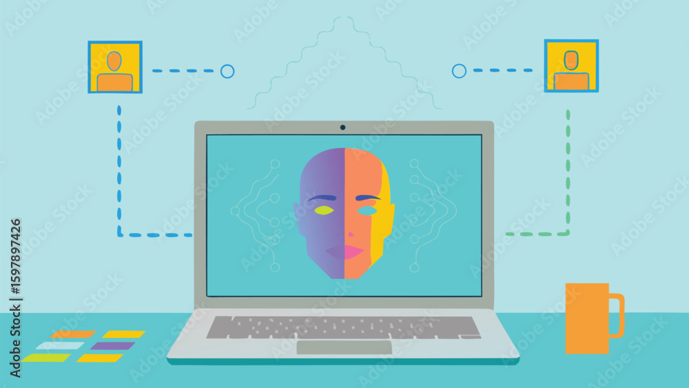 Aufkleber laptop screen displays a face connected to two users in a light blue background scene setting