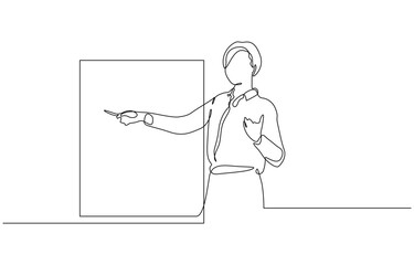 Continuous one line drawing of a young woman teacher giving a lesson in from of the class, Female teacher teach in classroom at school. Single line draw design vector editable stroke.
