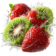 A juicy strawberry and halved kiwi fruit dynamically arranged mid-air, droplets and seeds highlighted with bright rim light to enhance tactile freshness, isolated on transparent background. 