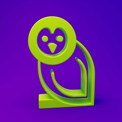 Green Owl bird icon isolated on purple-blue background. Animal symbol. Minimalism concept. 3D render illustration