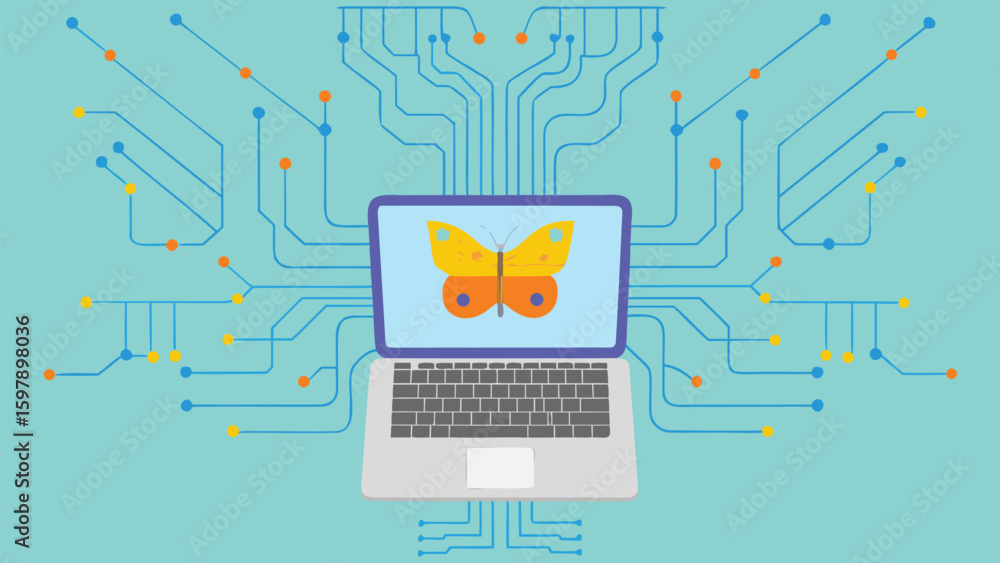 Poster laptop displaying butterfly with circuit board background in a vibrant and colorful design style