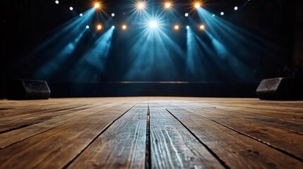 Empty stage with spotlights shining on wooden floor