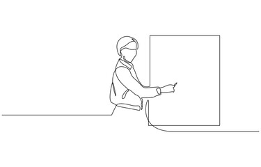 Continuous one line drawing of a young woman teacher giving a lesson in from of the class, Female teacher teach in classroom at school. Single line draw design vector editable stroke.