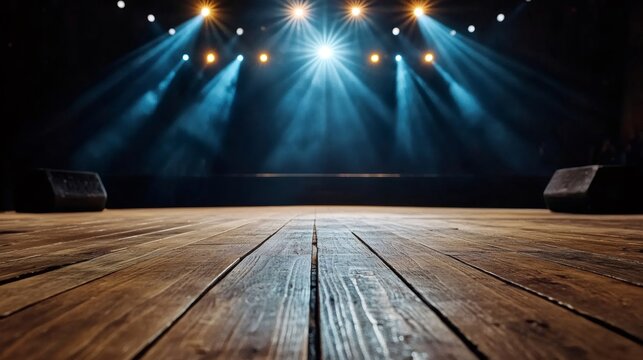 Empty stage with spotlights shining on wooden floor - Powered by Adobe